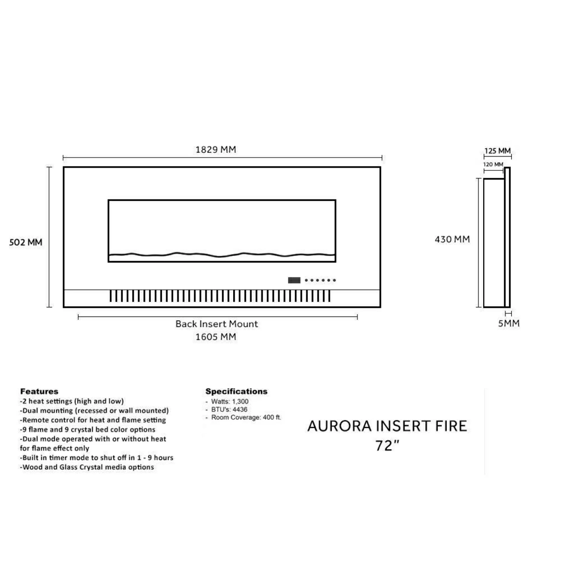 Aurora - Media Wall - Insert - Electric Fire - Grey - 72"