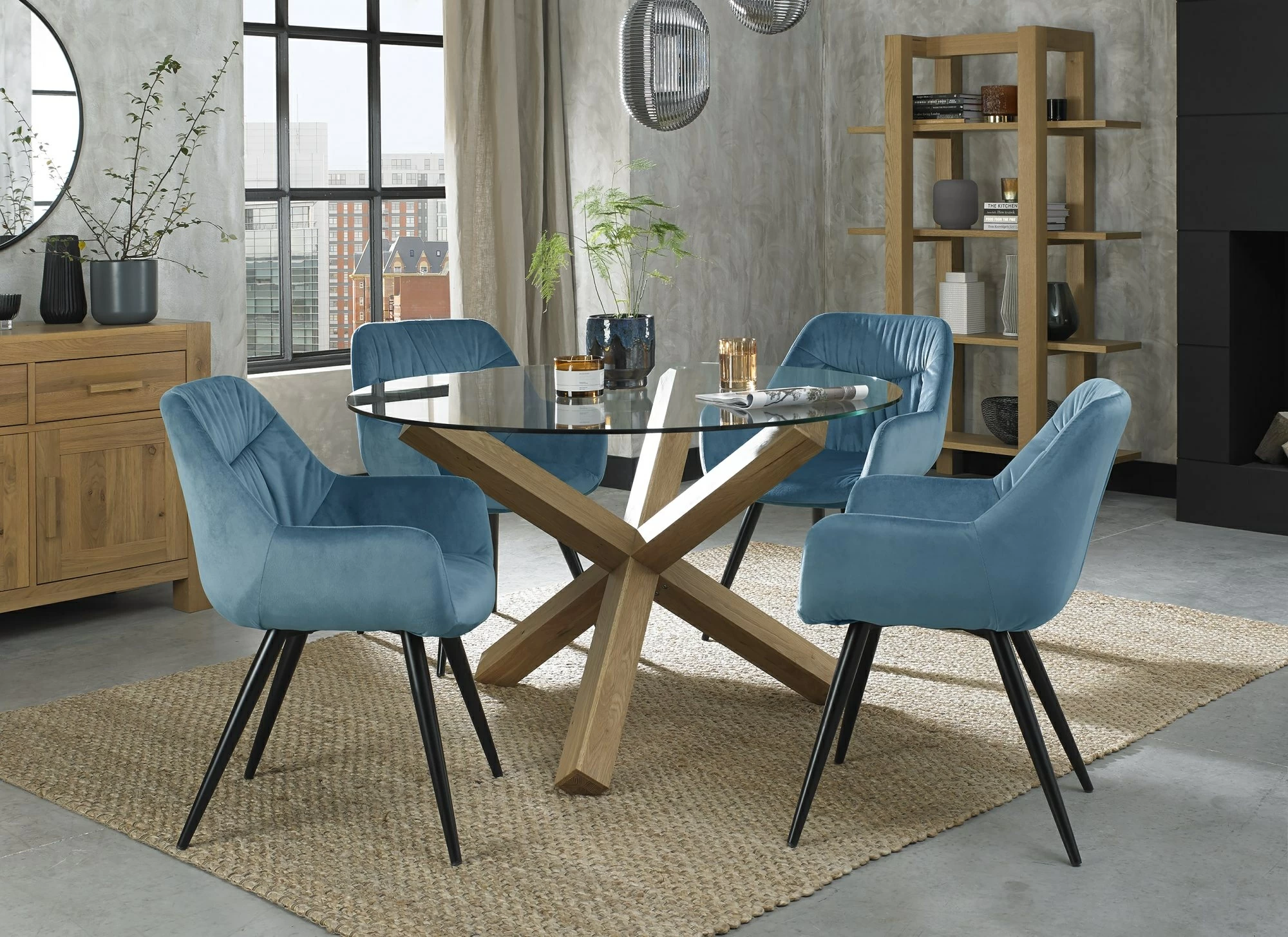 Blue velvet dining 2025 chairs with oak legs