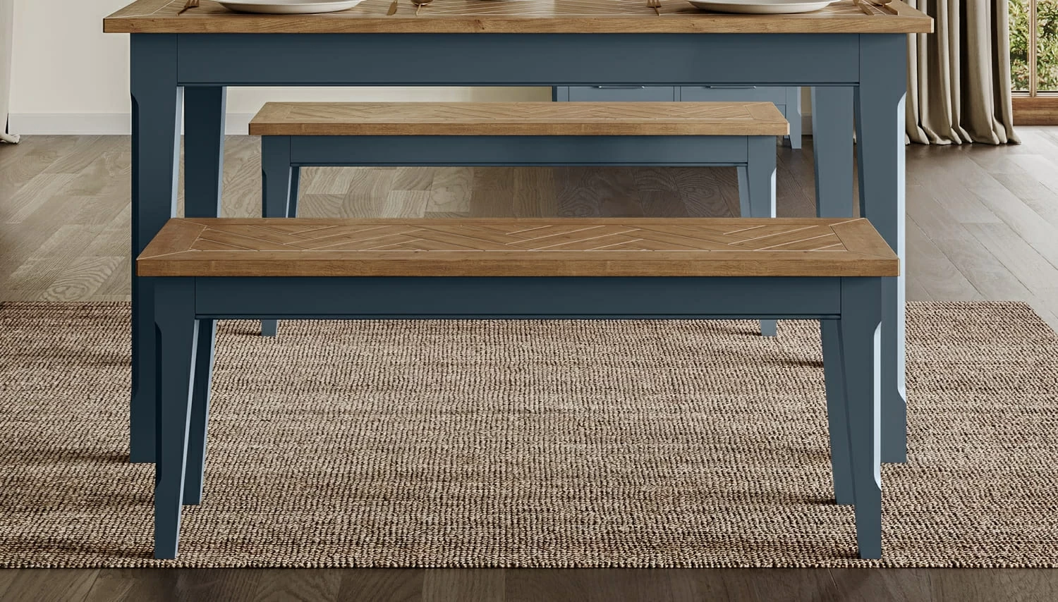 Parquet dining table and bench hotsell