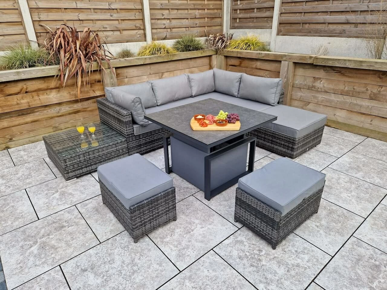 Savannah Outdoor Grey Deluxe Corner Sofa with Square Coffee Table and Madrid Lift Table and 2 Stools UV Treated Wicker