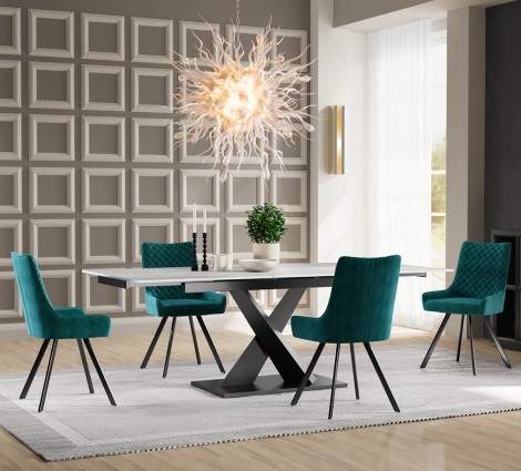 Rezzato - Pearla Grey Gloss Ceramic Extending Dining Table - 140 to 180cm/1.4m to 1.8m - Black Steel Legs