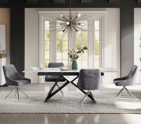 Terenzo - Pearla Grey Gloss Ceramic Extending Dining Table - 160 to 200cm/1.6m to 2.0m - Black Steel Legs