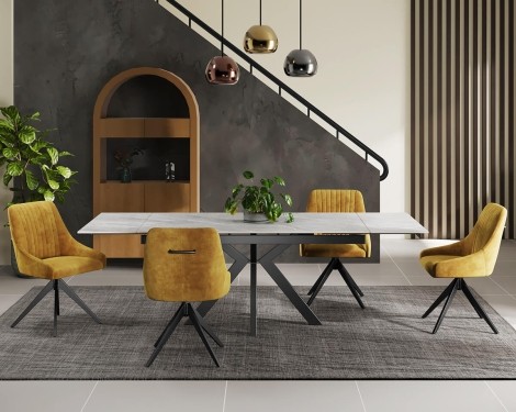 Marcon - Pearla Grey Gloss Ceramic Extending Dining Table - 160cm to 240cm/1.6m to 2.4m - Black Steel Legs