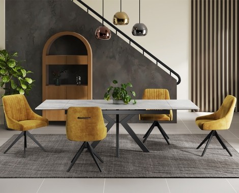 Pearla Grey Gloss Ceramic Extending Dining Table 160cm to 240cm/1.6m to 2.4m and 6 Mustard Velvet Fabric Upholstered Dining Chair - Black Legs