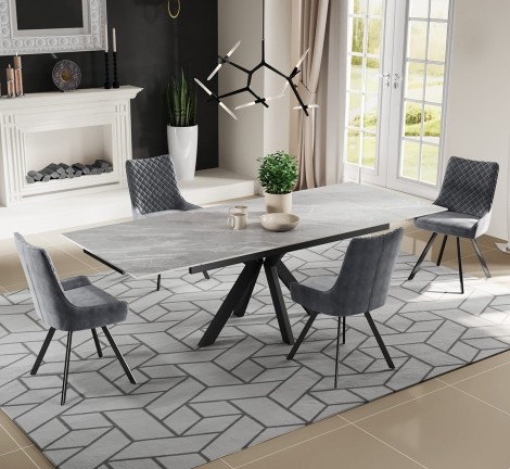 Marcon - Argento Grey Matt Ceramic Extending Dining Table - 160cm to 240cm/1.6m to 2.4m - Black Steel Legs