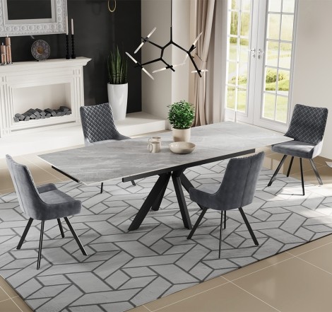 Argento Grey Matt Ceramic Extending Dining Table 160cm to 240cm/1.6m to 2.4m and 6 Light Grey Velvet Fabric Upholstered Dining Chair - Black Legs