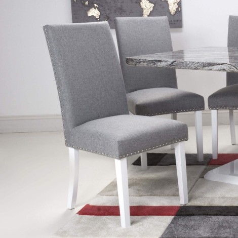 Randall - 2x Silver Grey Dining Chairs Linen Effect Fabric Stud Detail White Legs