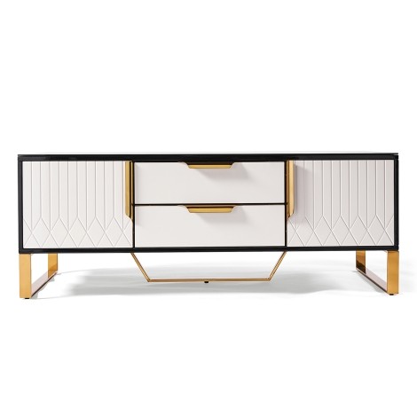 Amal Ribbed - Black & White - 2 Drawer 2 Door Coffee Table - Gold Effect Handles And Legs