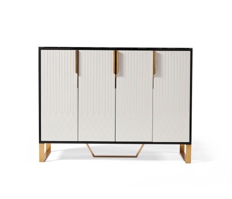 Amal Ribbed - Black & White Painted - 120cm 4 Door Sideboard - Gold Effect Handles And Legs