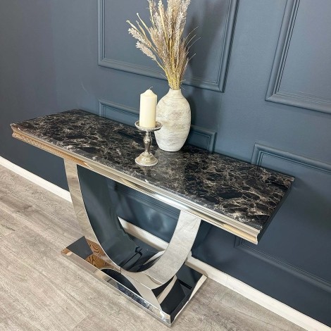 Arial - Black Marble Console Table - 140cm/1.4m - Stainless Steel Swooping Base