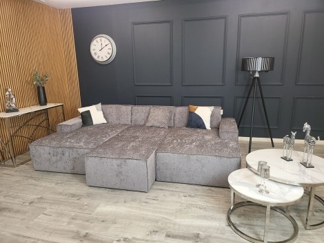 Atlanta Modula - Dark Grey Textured Chenille Fabric - U Shape Combination Sofa & Stool