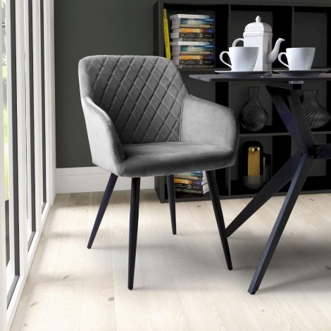 Marina - 2x Grey Brushed Velvet Dining Chairs - Diamond Stitched Back - Black Metal Tapering Legs