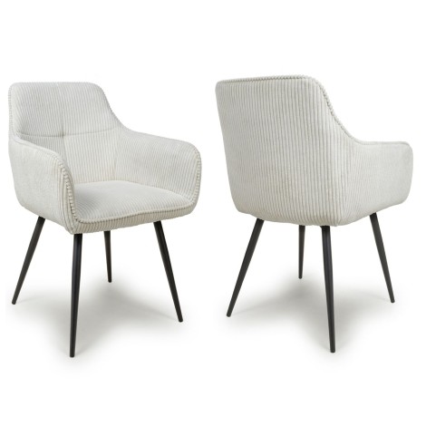 Denver - 2x White Corduroy Fabric Dining Chairs - Black Metal Legs