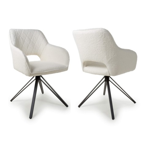 Lincoln - 2x White Boucle Fabric Swivel Self Returning Dining Chairs