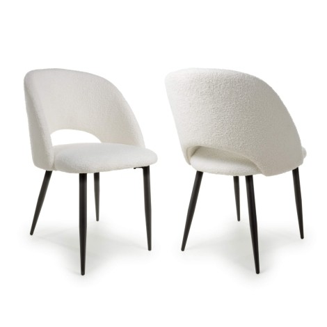 Atlanta - 2x White Boucle Fabric Dining Chairs - Black Metal Legs