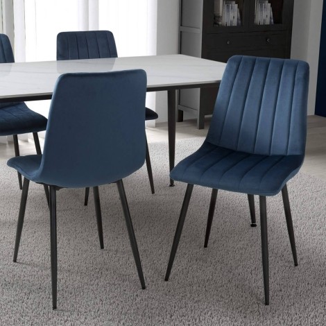 Lisbon - Set of 4 Blue Brushed Velvet Dining Chairs - Black Metal Legs