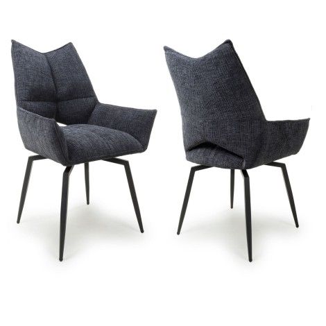 Dakar - 2x Charcoal Textured Effect Fabric Swivel Dining Chairs - Black Metal Legs