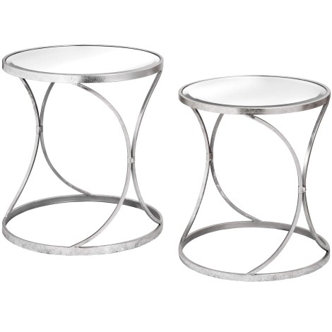 Art Deco - Curved Design - Set of Two Side Tables - Mirrored Glass top - Silver Finish Metal Frame