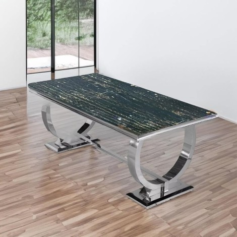 Arriana - Black and Gold Marble Dining Table - 150cm/1.5m - Polished Steel Circular Legs