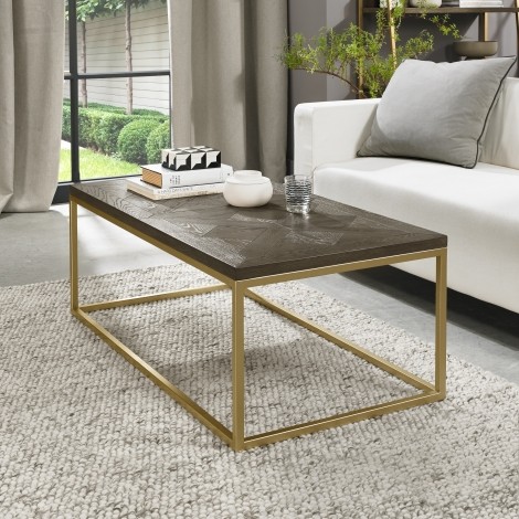 Athena - Fumed Oak - Rustic - Coffee Table - Satin Brass Welded Metal Base