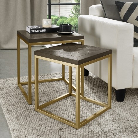 Athena - Fumed Oak - Rustic - Nest of Tables - Satin Brass Welded Metal Base