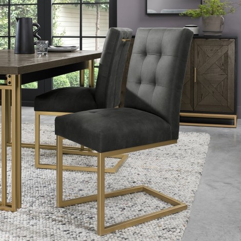 Athena - Cantilever Chair in a Black Fabric (Pair) - Satin Brass Welded Metal Base