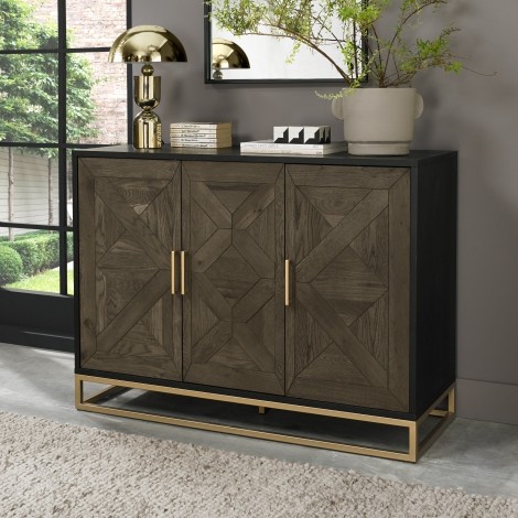 Athena - Fumed Oak - Rustic - Narrow Sideboard - Satin Brass Welded Metal Base