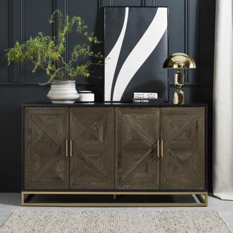 Athena - Fumed Oak - Rustic - Wide Sideboard - Satin Brass Welded Metal Base