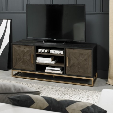 Athena - Fumed Oak - Rustic - Entertainment Unit with Doors - Satin Brass Welded Metal Base