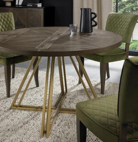 Athena - Fumed Oak - Rustic - 4 Seater Circular Dining Table - Satin Brass Welded Metal Base