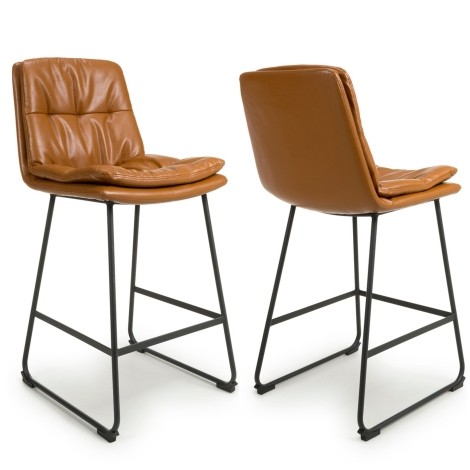 Argyle - 2x Tan Faux Leather Bar Chairs - Black Metal Legs