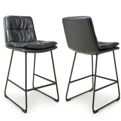 Argyle - 2x Dark Grey Faux Leather Bar Chairs - Black Metal Legs