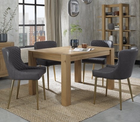 Turin - Light Oak - 4 to 6 Seater Rectangular Extending Dining Table & 4 Cezanne Dark Grey Faux Leather Chairs - Gold Legs