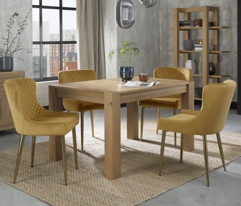 Turin - Light Oak - 4 to 6 Seater Rectangular Extending Dining Table & 4 Cezanne Mustard Velvet Chairs - Gold Legs