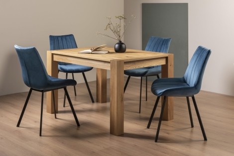 Turin - Light Oak - 4 to 6 Seater Rectangular Extending Dining Table & 4 Fontana Blue Velvet Chairs