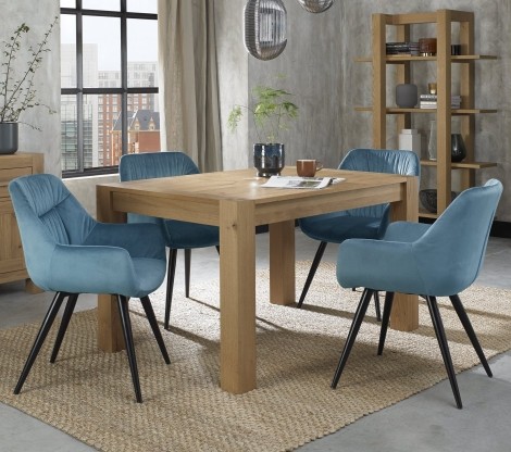Turin - Light Oak - 4 to 6 Seater Rectangular Extending Dining Table & 4 Dali Petrol Blue Velvet Chairs