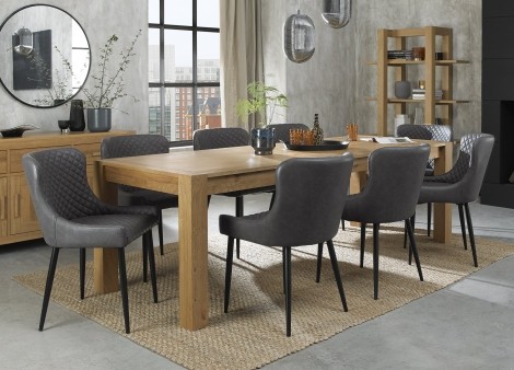 Turin - Light Oak - 6 to 10 Seater Rectangular Extending Dining Table & 8 Cezanne Dark Grey Faux Leather Chairs - Black Legs