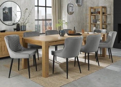 Turin - Light Oak - 6 to 10 Seater Rectangular Extending Dining Table & 8 Cezanne Grey Velvet Chairs - Black Legs