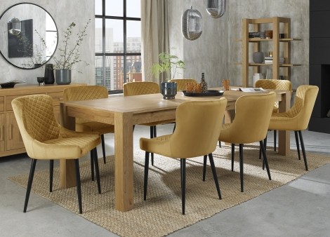 Turin - Light Oak - 6 to 10 Seater Rectangular Extending Dining Table & 8 Cezanne Mustard Velvet Chairs - Black Legs