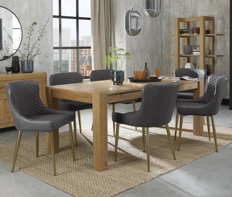 Turin - Light Oak - 6 to 10 Seater Rectangular Extending Dining Table & 8 Cezanne Dark Grey Faux Leather Chairs - Gold Legs