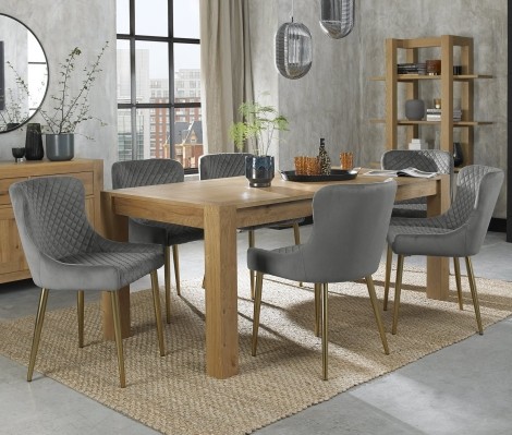 Turin - Light Oak - 6 to 10 Seater Rectangular Extending Dining Table & 8 Cezanne Grey Velvet Chairs - Gold Legs