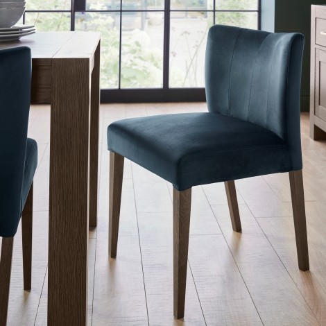 Turin - Dark Oak - Low Back Upholstered Dining Chair - Dark Blue Velvet Fabric - Oiled Finish - (Pair)