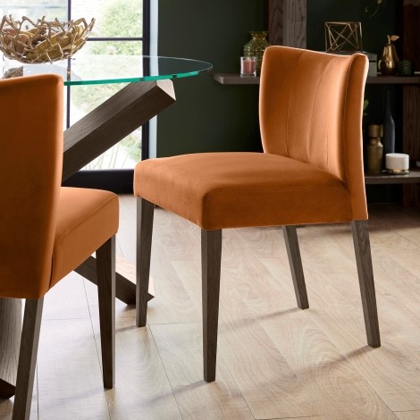 Turin - Dark Oak - Low Back Upholstered Dining Chair - Harvest Pumpkin Velvet Fabric - Oiled Finish - (Pair)