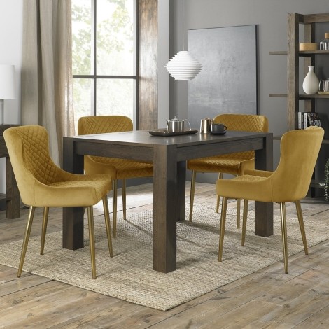 Turin - Dark Oak - Rectangle 4 to 6  Seater Extending Dining Table & 4 Cezanne Mustard Velvet Chairs - Gold Legs