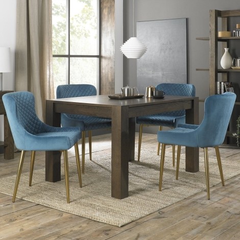 Turin - Dark Oak - Rectangle 4 to 6  Seater Extending Dining Table & 4 Cezanne Petrol Blue Velvet Chairs - Gold Legs