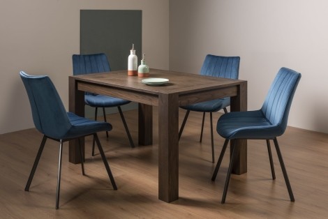 Turin - Dark Oak - Rectangle 4 to 6  Seater Extending Dining Table & 4 Fontana Blue Velvet Chairs