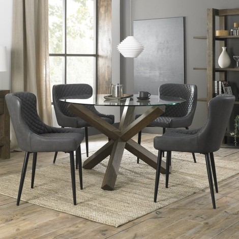 Turin - Dark Oak Legs - Round Glass 4 Seater Dining Table & 4 Cezanne Dark Grey Faux Leather Chairs - Black Legs