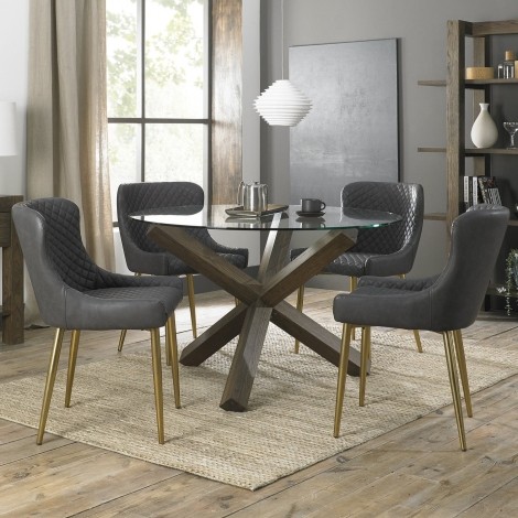 Turin - Dark Oak Legs - Round Glass 4 Seater Dining Table & 4 Cezanne Dark Grey Faux Leather Chairs - Gold Legs