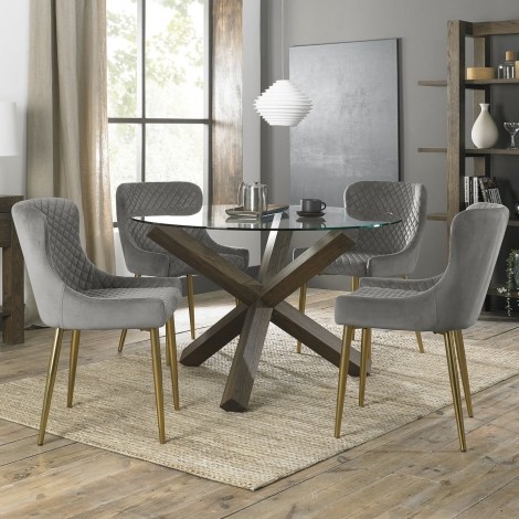 Turin - Dark Oak Legs - Round Glass 4 Seater Dining Table & 4 Cezanne Grey Velvet Chairs - Gold Legs