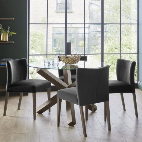 Turin - Dark Oak - Round Glass 4 Seater Dining Table & 4 Low Back Chairs in Gun Metal Velvet